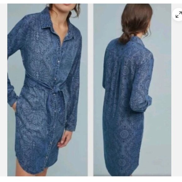 Cloth And Stone Anthropologie Shirt Dress Womens Medium Blue Medallion ChambrayM - Picture 1 of 16